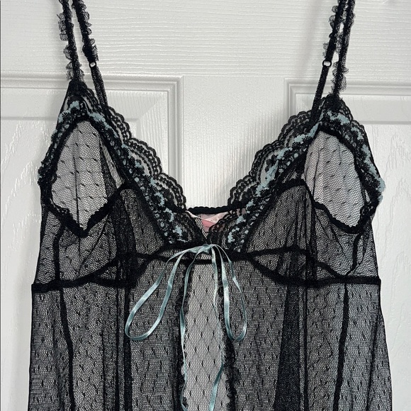 Victoria’s Secret Sheer Black Babydoll with Blue Lace Trim - Picture 2 of 8